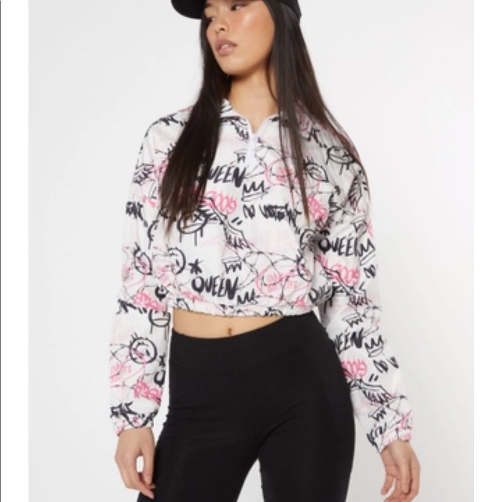 Rue21 White Graffiti Queen Cropped Windbreaker New